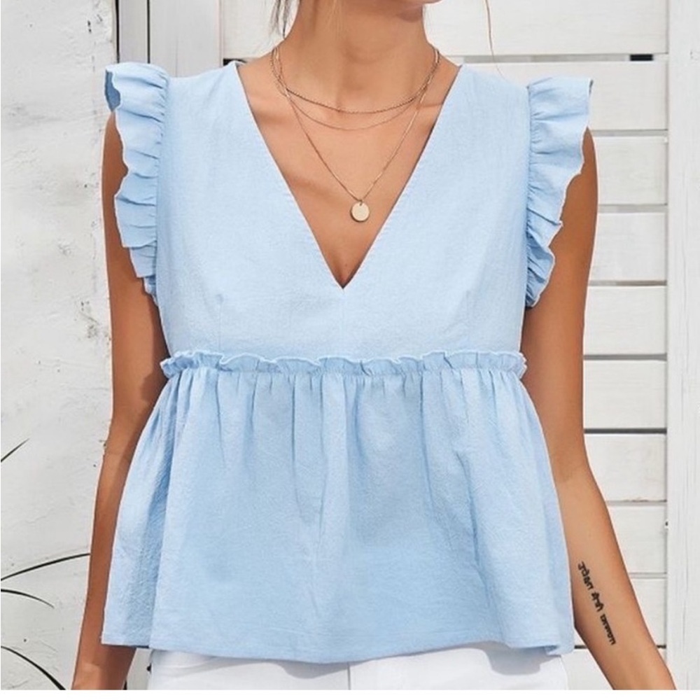 Zara Blue Peplum Ruffle Top Medium - Picture 2 of 10